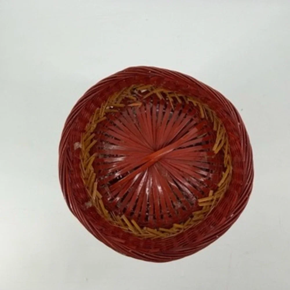 Vintage Hand Woven Bamboo and Porcelain Shanghai Vase Red Brown 12.5 Inch